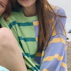 Free People Green and Blue Crew Neck Sweater